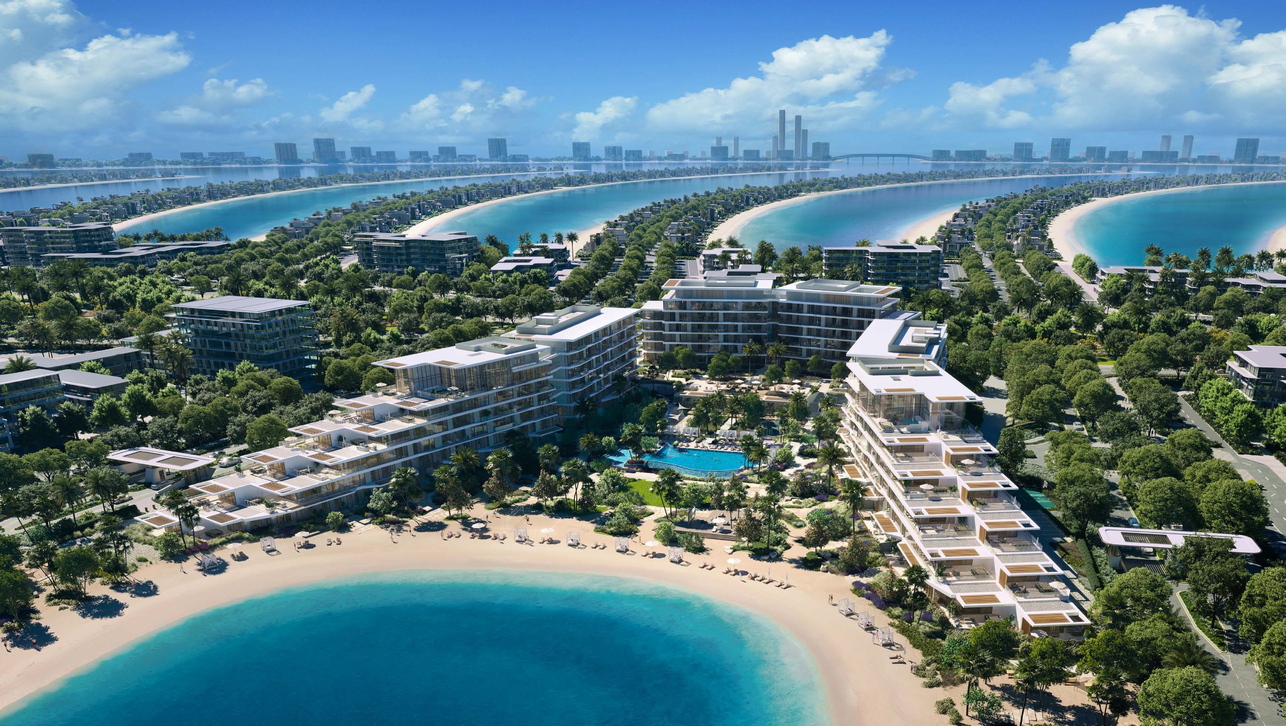 Palm Jebel Ali coastal buildings and turquoise lagoon