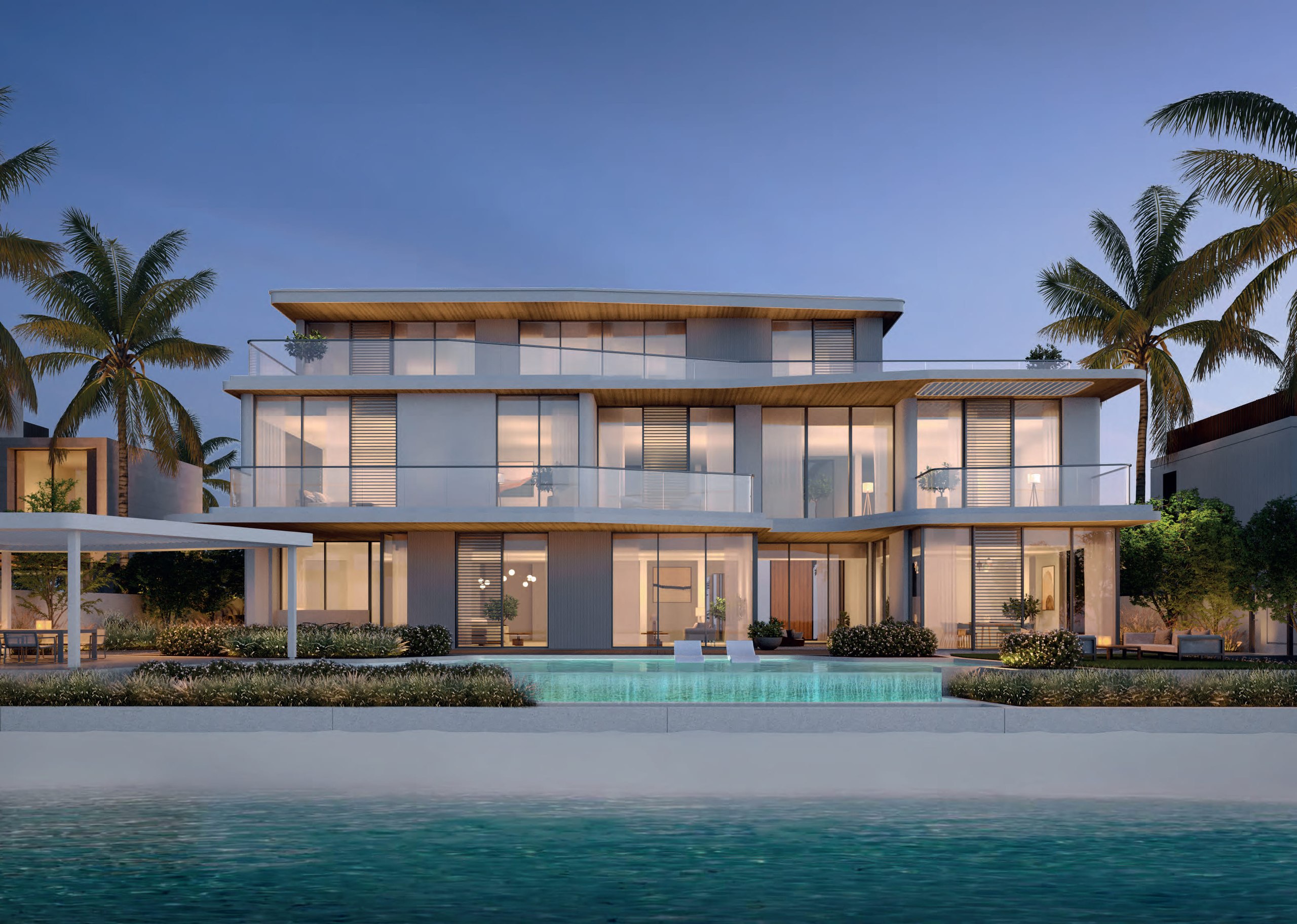 Ultra-luxury Palm Jebel Ali villa at dusk